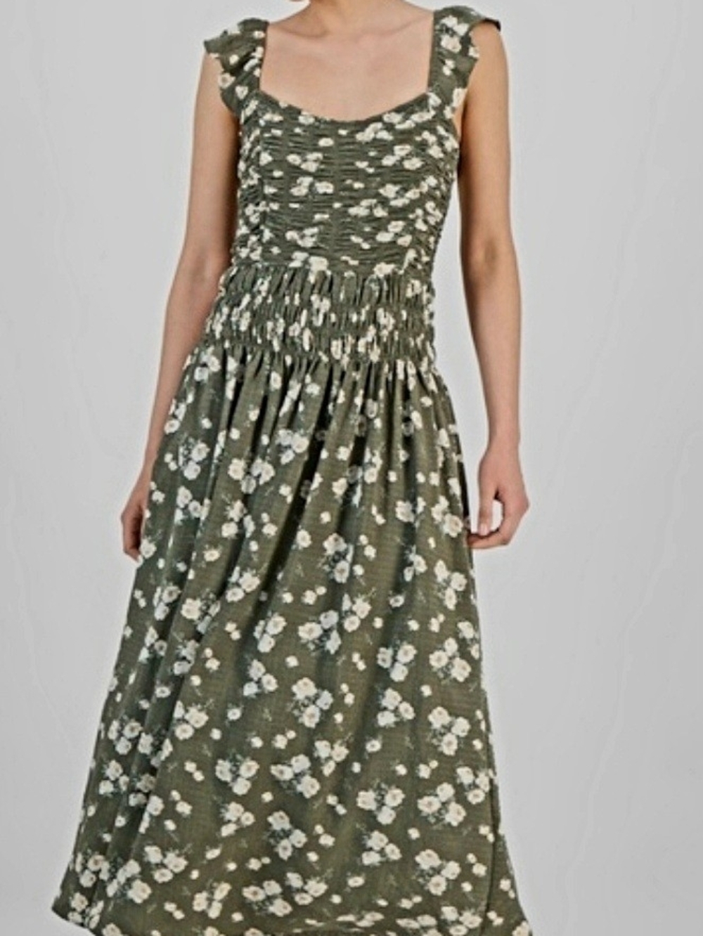 Olive Green Floral Smocked Maxi Dress